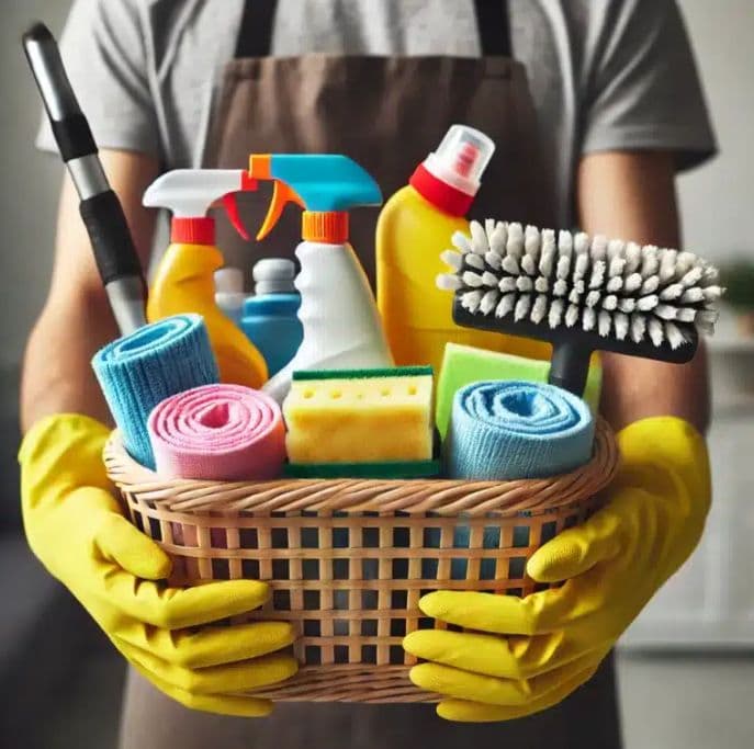 Cleaner in yellow gloves holding a basket of spray bottles, cloths, sponges, and brushes