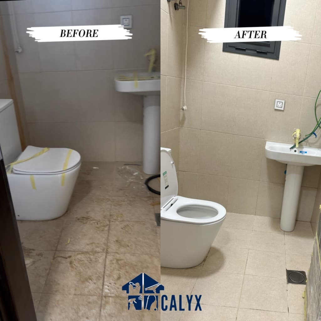 Before and after comparison of a bathroom deep clean by CALYX
