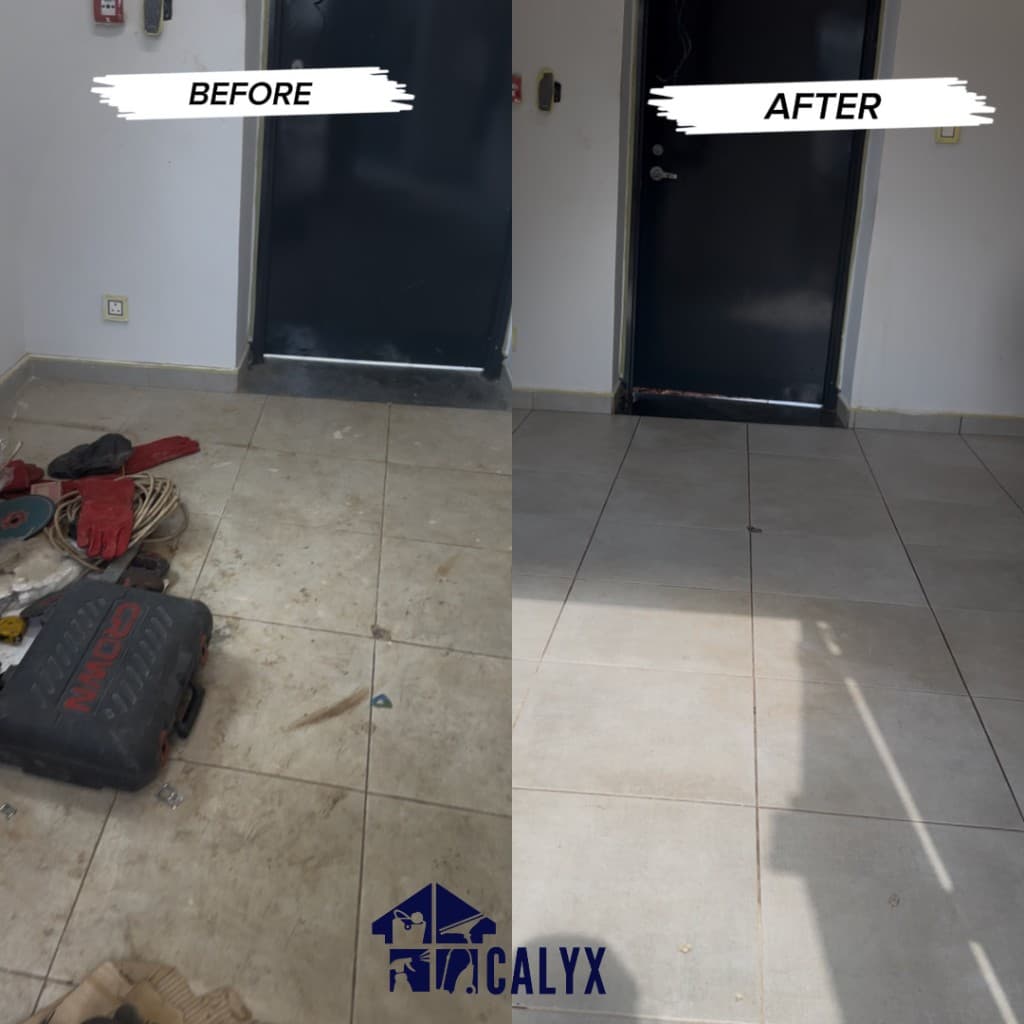 Before and after comparison of a tiled floor and entryway post-construction clean by CALYX