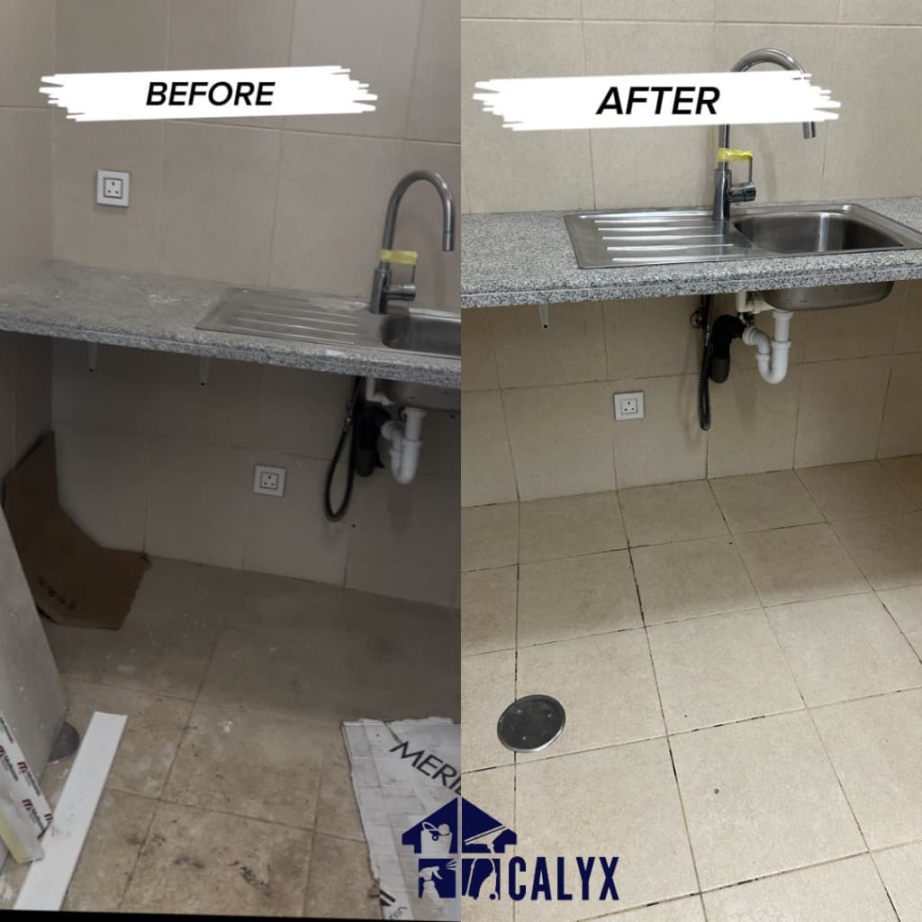 Before and after comparison of a kitchen sink and countertop deep clean by CALYX