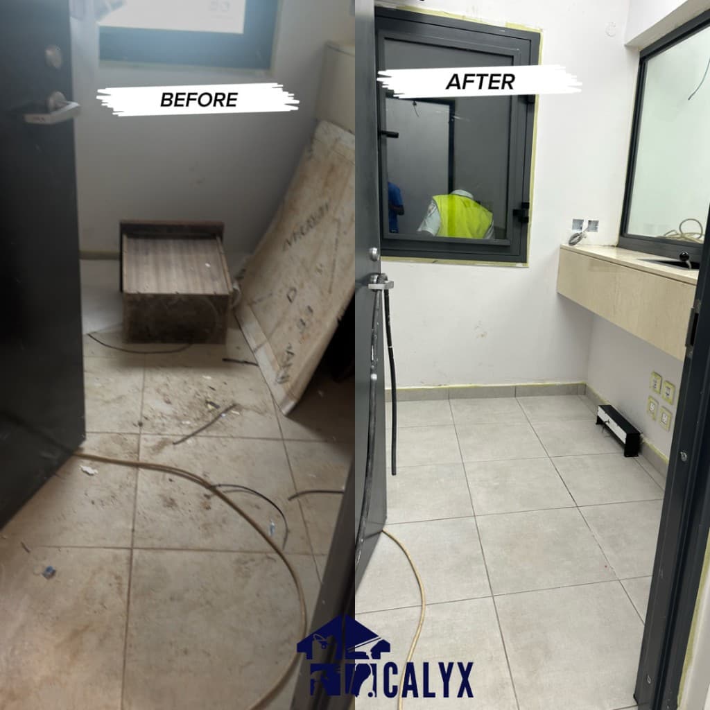 Before and after comparison of a room renovation and post-build clean by CALYX