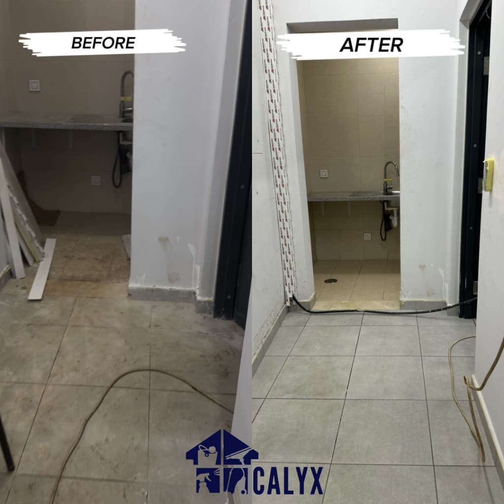 Before and after comparison of a utility room floor and counter cleaned by CALYX