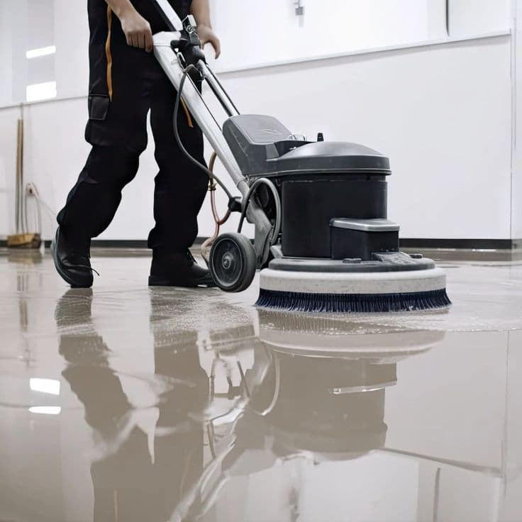 Professional industrial floor scrubber cleaning a highly reflective floor in a commercial space