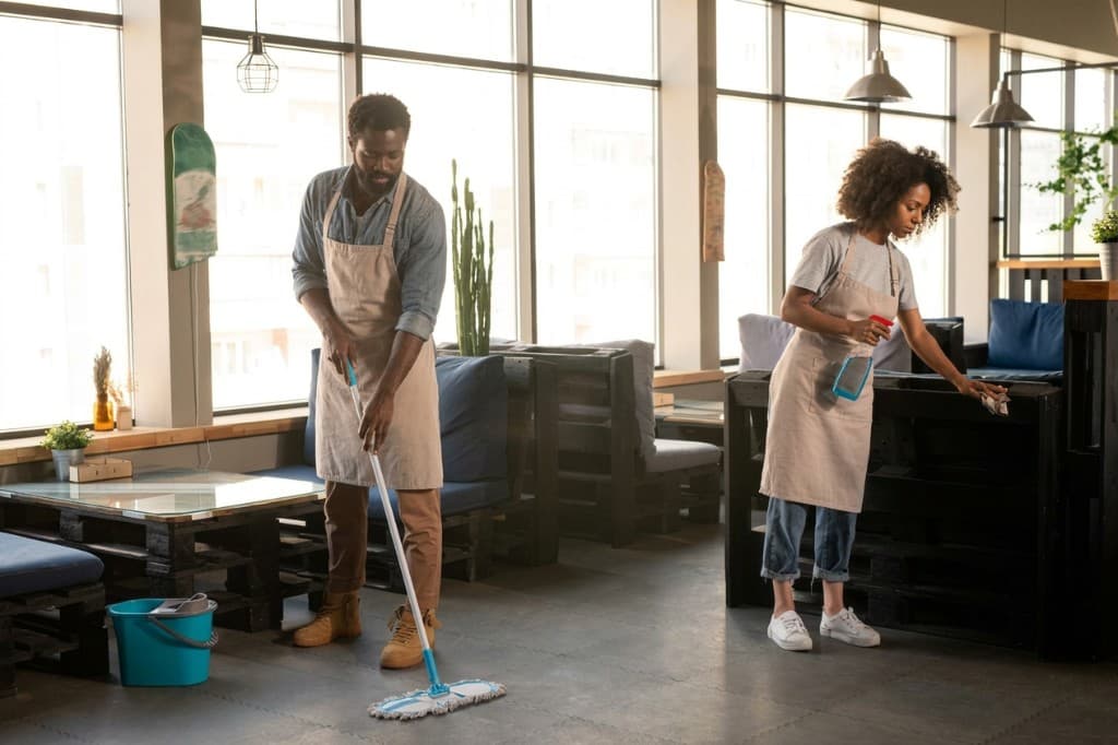 Two staff in beige aprons cleaning a bright modern cafe with large windows and pallet-style furniture